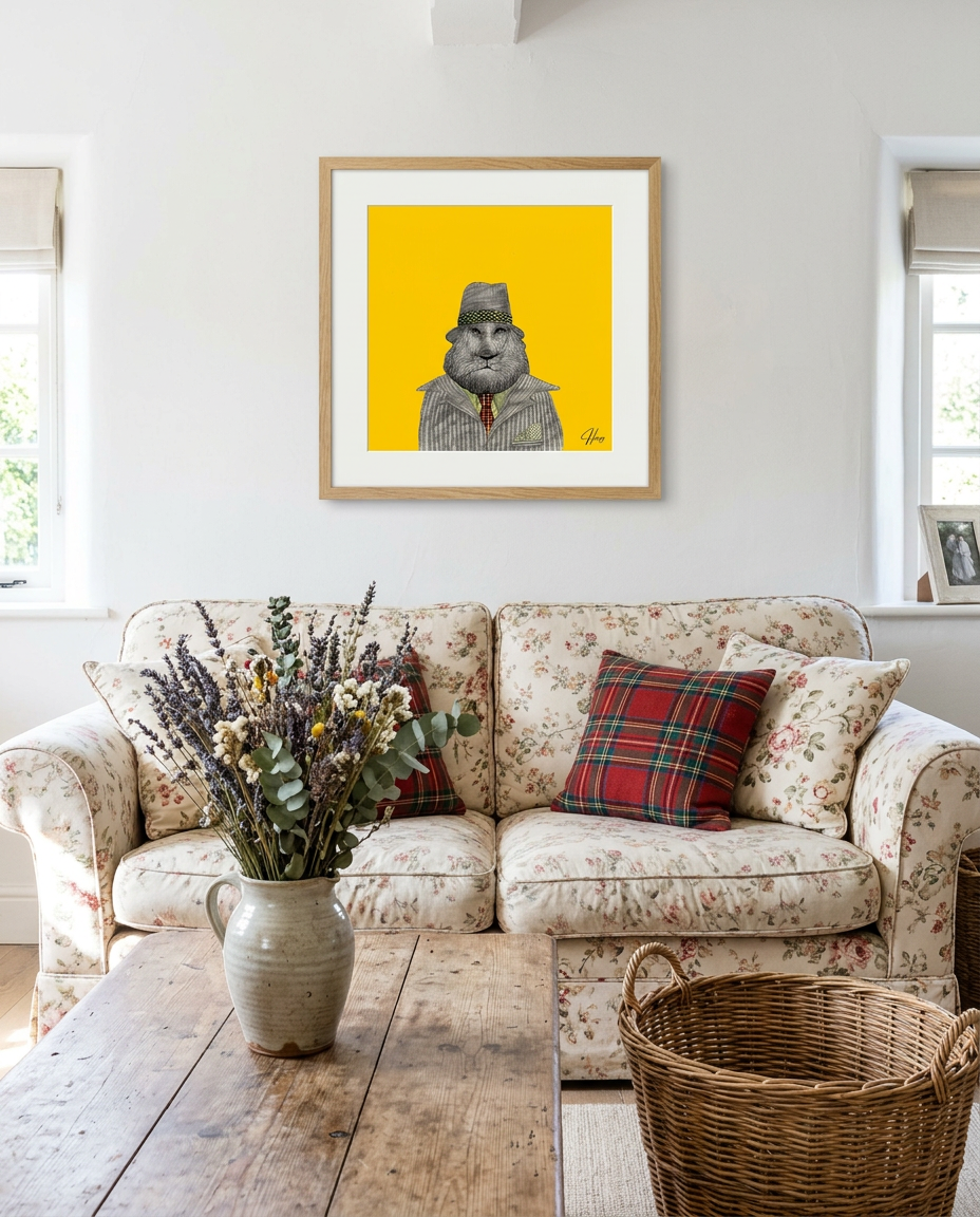 Henry shown framed in a quirky living room