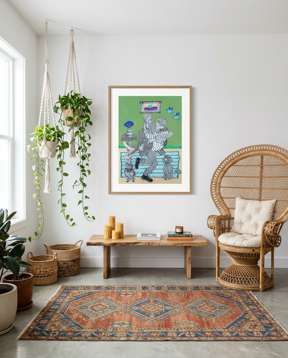 Fitz shown framed in a quirky living room