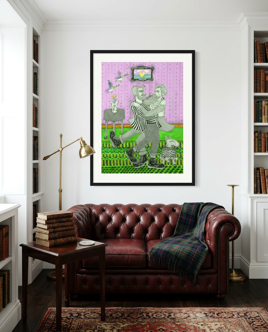 Rufus shown framed in a quirky living room