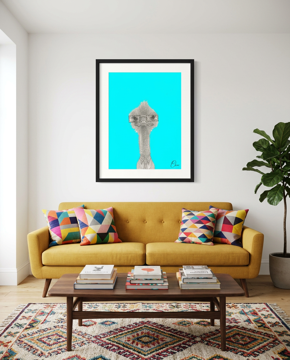 Oscar shown framed in a quirky living room