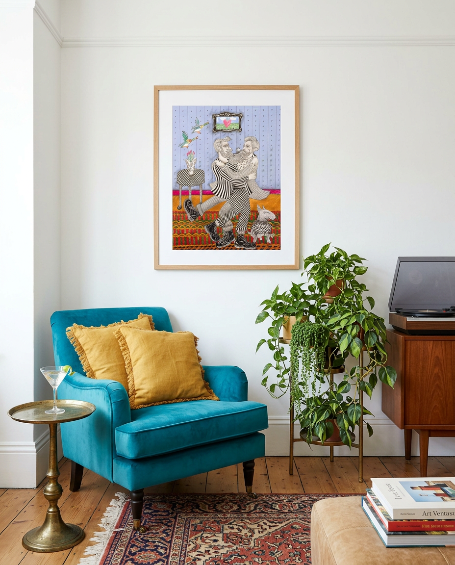 Ambrose shown framed in a quirky living room