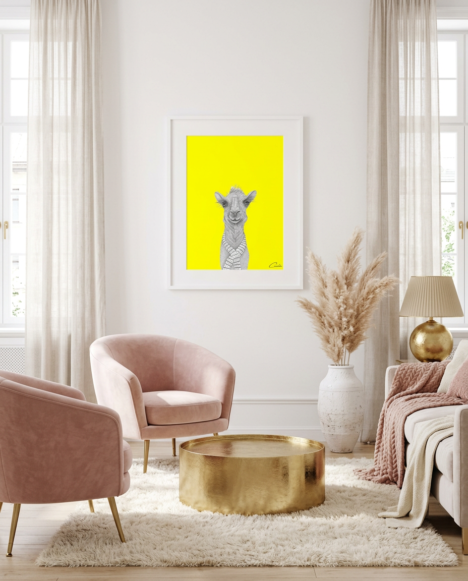 Camilla shown framed in a quirky living room