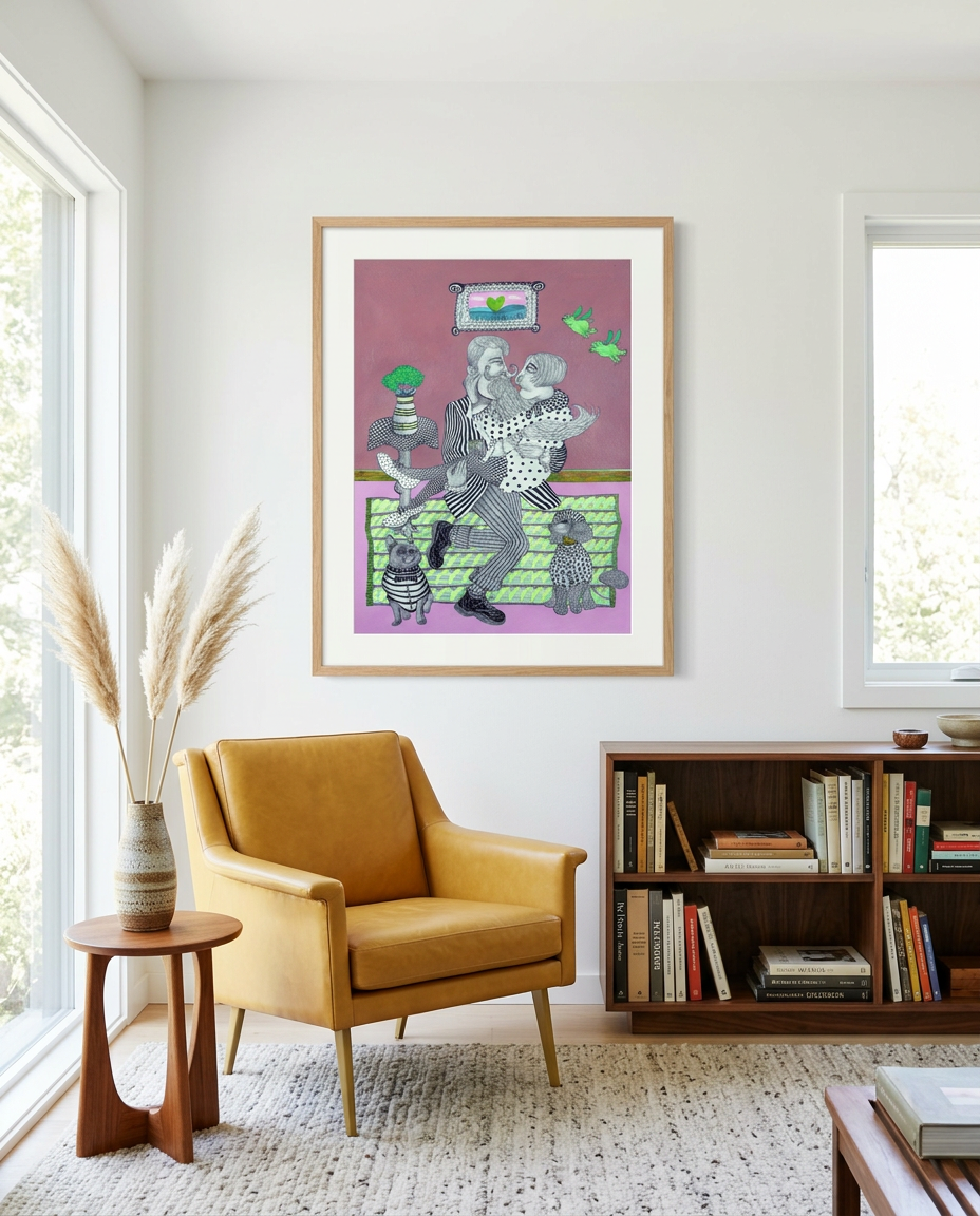 Barnaby shown framed in a quirky living room