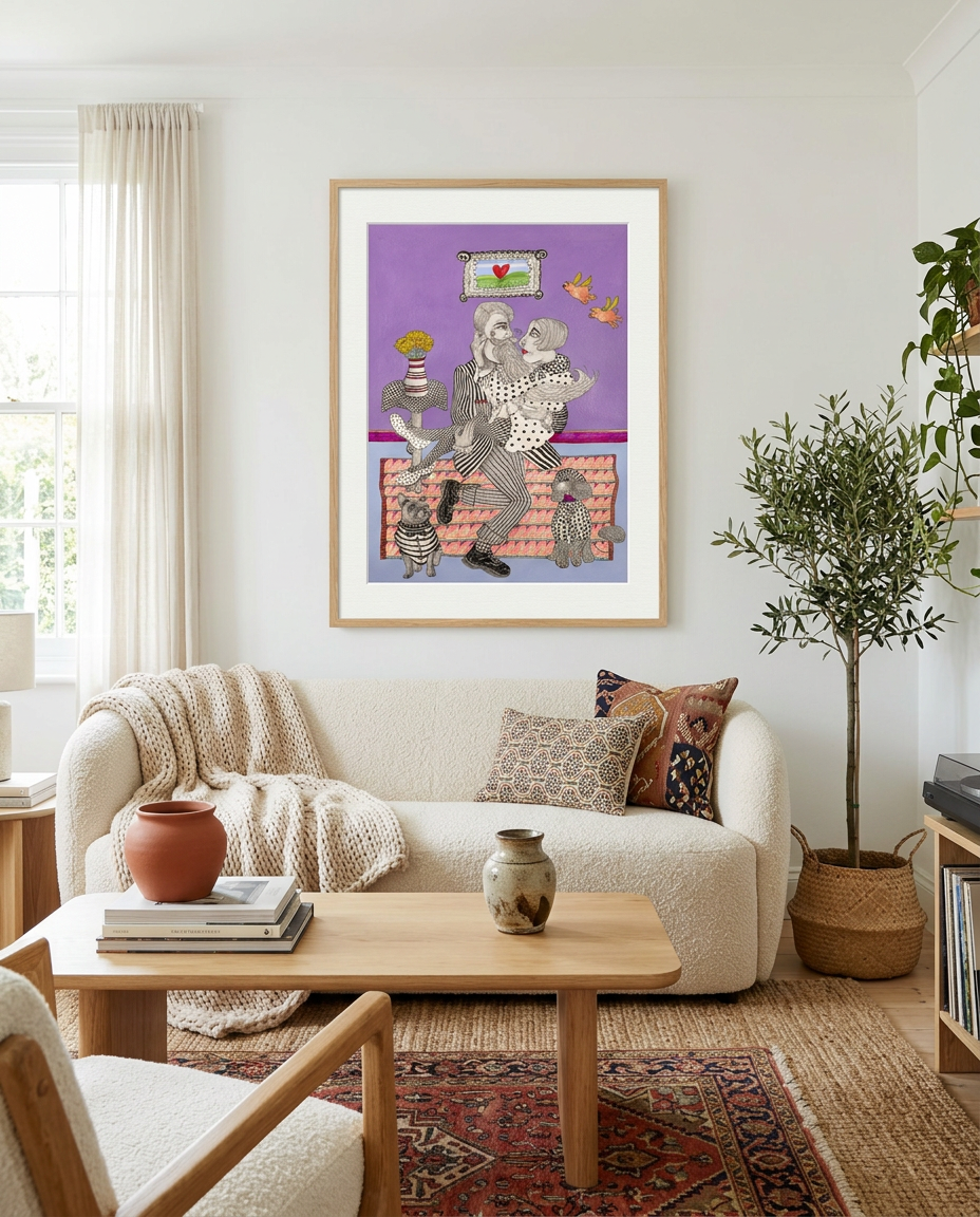 Silas shown framed in a quirky living room