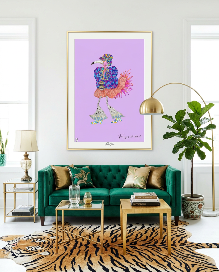 Valentino Feather shown framed in a quirky living room