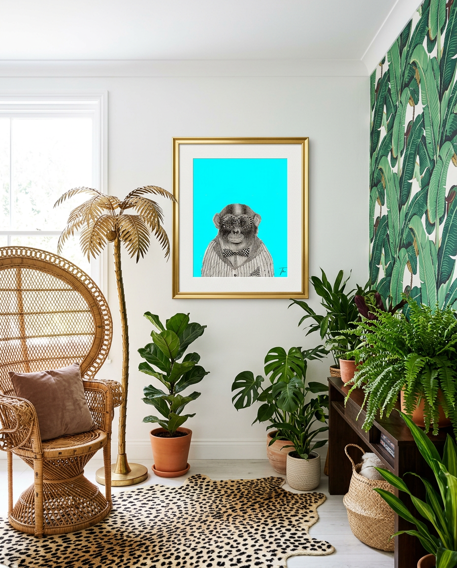 Theo shown framed in a quirky living room