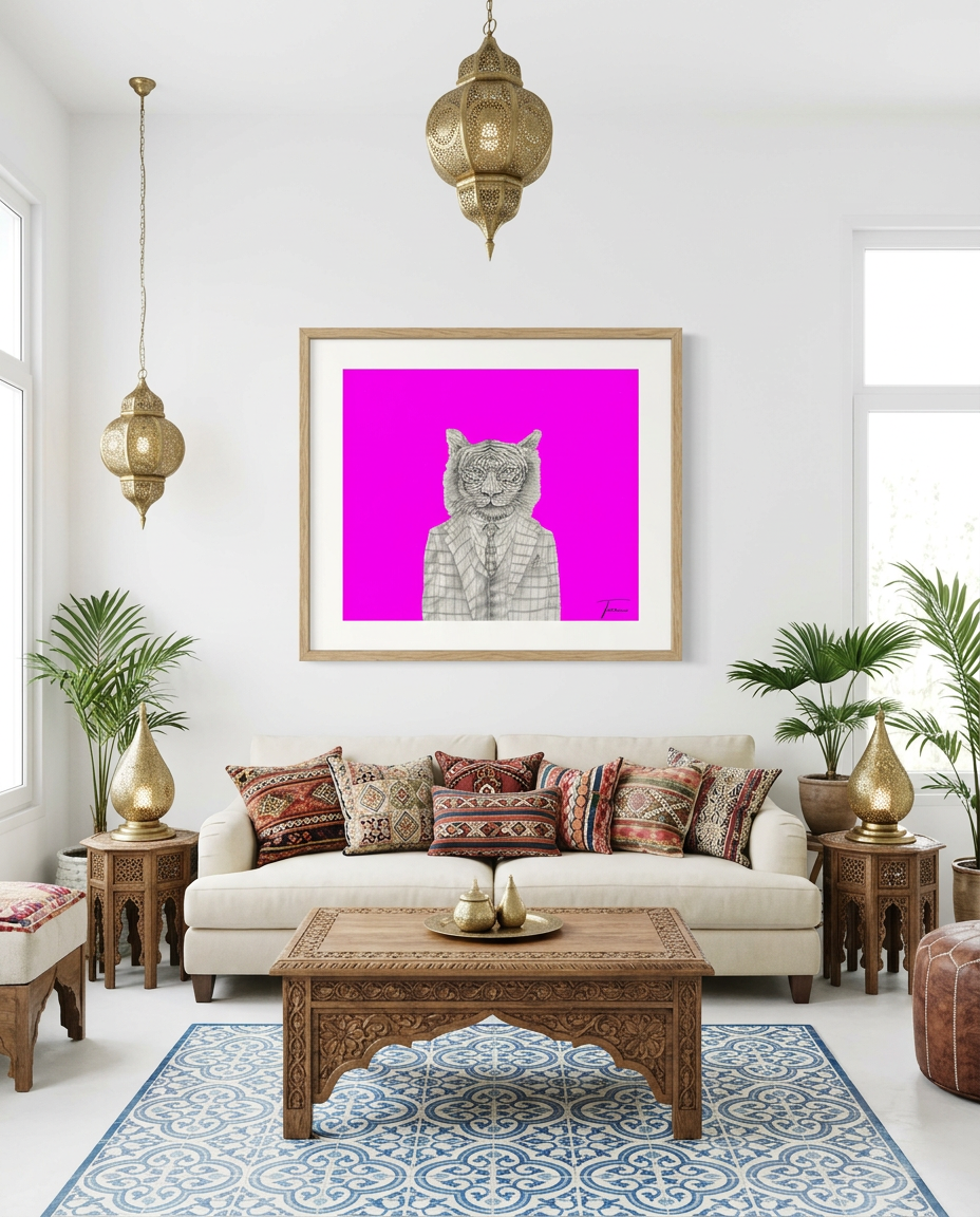 Terrance shown framed in a quirky living room