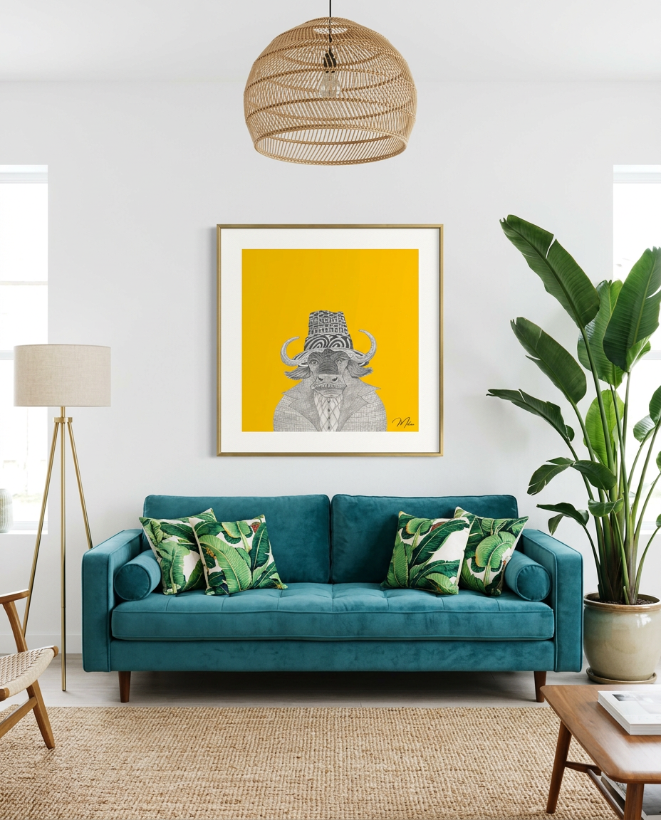 Mateo shown framed in a quirky living room