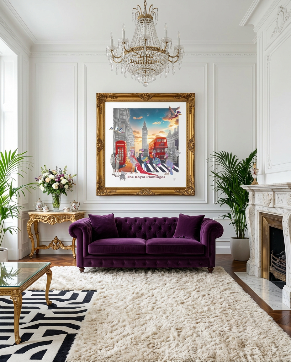 The Royal Flamingo shown framed in a quirky living room